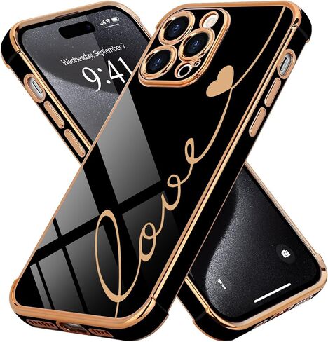LCHULLE متوافق مع حافظة iPhone 15 Pro Max للنساء والفتيات، تصميم لطيف فاخر على شكل قلب الحب، غطاء ناعم من مادة TPU مقاوم للصدمات، حماية كاملة لعدسات الكاميرا، جراب هاتف لهاتف iPhone 15 Pro Max، أسود in Kuwait