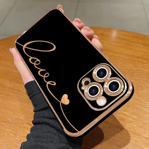 LCHULLE متوافق مع حافظة iPhone 15 Pro Max للنساء والفتيات، تصميم لطيف فاخر على شكل قلب الحب، غطاء ناعم من مادة TPU مقاوم للصدمات، حماية كاملة لعدسات الكاميرا، جراب هاتف لهاتف iPhone 15 Pro Max، أسود in Kuwait