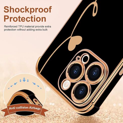 LCHULLE متوافق مع حافظة iPhone 15 Pro Max للنساء والفتيات، تصميم لطيف فاخر على شكل قلب الحب، غطاء ناعم من مادة TPU مقاوم للصدمات، حماية كاملة لعدسات الكاميرا، جراب هاتف لهاتف iPhone 15 Pro Max، أسود in Kuwait