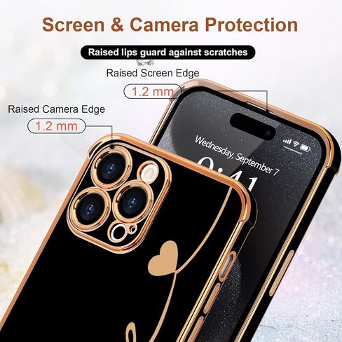 LCHULLE متوافق مع حافظة iPhone 15 Pro Max للنساء والفتيات، تصميم لطيف فاخر على شكل قلب الحب، غطاء ناعم من مادة TPU مقاوم للصدمات، حماية كاملة لعدسات الكاميرا، جراب هاتف لهاتف iPhone 15 Pro Max، أسود in Kuwait