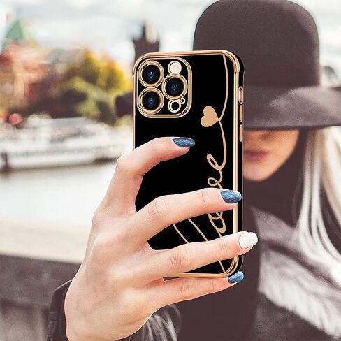 LCHULLE متوافق مع حافظة iPhone 15 Pro Max للنساء والفتيات، تصميم لطيف فاخر على شكل قلب الحب، غطاء ناعم من مادة TPU مقاوم للصدمات، حماية كاملة لعدسات الكاميرا، جراب هاتف لهاتف iPhone 15 Pro Max، أسود in Kuwait