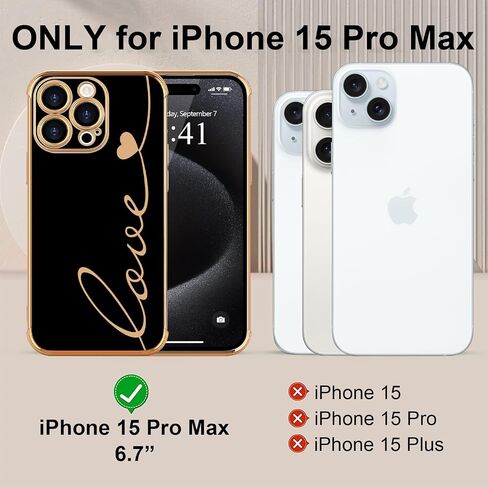 LCHULLE متوافق مع حافظة iPhone 15 Pro Max للنساء والفتيات، تصميم لطيف فاخر على شكل قلب الحب، غطاء ناعم من مادة TPU مقاوم للصدمات، حماية كاملة لعدسات الكاميرا، جراب هاتف لهاتف iPhone 15 Pro Max، أسود in Kuwait