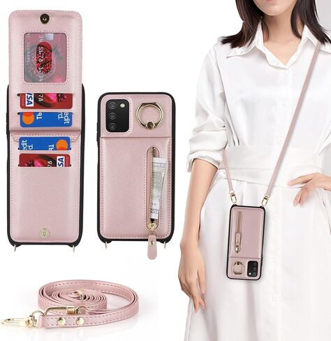 Jaorty for Samsung Galaxy A03s 5G Phone Case for Women with Card Holder,Galaxy A03s Case Wallet with Crossbody Lanyard Strap,Credit Card Slots Kickstand Case with Ring Holder,6.5 Inch,Rosegold in Saudi Arabia