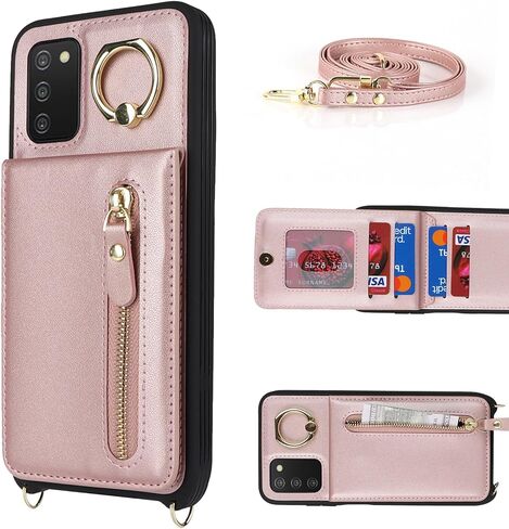 Jaorty for Samsung Galaxy A03s 5G Phone Case for Women with Card Holder,Galaxy A03s Case Wallet with Crossbody Lanyard Strap,Credit Card Slots Kickstand Case with Ring Holder,6.5 Inch,Rosegold in Saudi Arabia