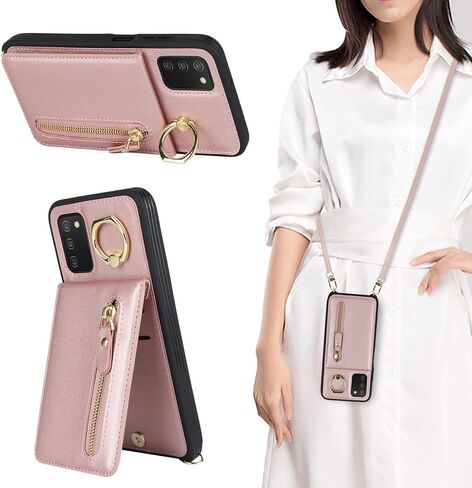 Jaorty for Samsung Galaxy A03s 5G Phone Case for Women with Card Holder,Galaxy A03s Case Wallet with Crossbody Lanyard Strap,Credit Card Slots Kickstand Case with Ring Holder,6.5 Inch,Rosegold in Saudi Arabia