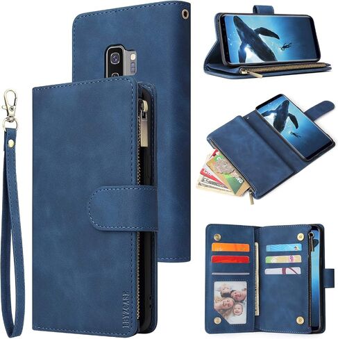 حافظة LBYZCASE لهاتف Galaxy S9، حافظة محفظة Samsung S9، غطاء هاتف جلدي قابل للطي فاخر [جيب بسحاب] [حزام المعصم] [مسند] [إغلاق مغناطيسي] لهاتف Samsung Galaxy S9-أزرق in Saudi Arabia