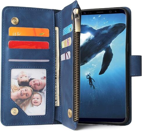 حافظة LBYZCASE لهاتف Galaxy S9، حافظة محفظة Samsung S9، غطاء هاتف جلدي قابل للطي فاخر [جيب بسحاب] [حزام المعصم] [مسند] [إغلاق مغناطيسي] لهاتف Samsung Galaxy S9-أزرق in Saudi Arabia