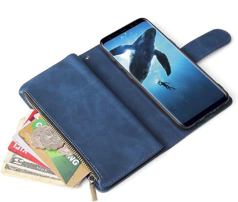 حافظة LBYZCASE لهاتف Galaxy S9، حافظة محفظة Samsung S9، غطاء هاتف جلدي قابل للطي فاخر [جيب بسحاب] [حزام المعصم] [مسند] [إغلاق مغناطيسي] لهاتف Samsung Galaxy S9-أزرق in Saudi Arabia