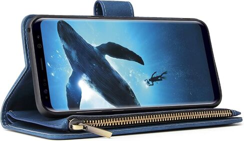 حافظة LBYZCASE لهاتف Galaxy S9، حافظة محفظة Samsung S9، غطاء هاتف جلدي قابل للطي فاخر [جيب بسحاب] [حزام المعصم] [مسند] [إغلاق مغناطيسي] لهاتف Samsung Galaxy S9-أزرق in Saudi Arabia