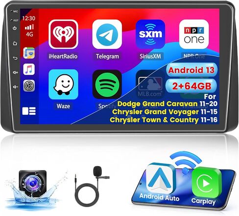 2+64G Android 13 CarPlay راديو ستيريو للسيارة دودج جراند كارافان 2011-2020 كرايسلر جراند فوييجر 2011-2015 كرايسلر تاون آند كانتري 2011-2016، شاشة لمس 9 بوصات Android Auto، كاميرا AHD FM RDS in Kuwait