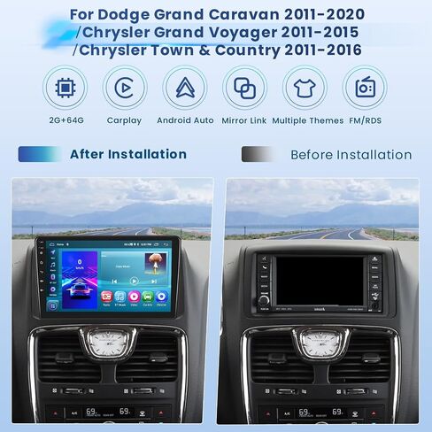 2+64G Android 13 CarPlay راديو ستيريو للسيارة دودج جراند كارافان 2011-2020 كرايسلر جراند فوييجر 2011-2015 كرايسلر تاون آند كانتري 2011-2016، شاشة لمس 9 بوصات Android Auto، كاميرا AHD FM RDS in Kuwait