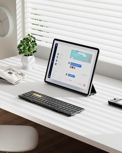 لوحة مفاتيح بلوتوث قابلة للطي، لوحة مفاتيح محمولة كاملة الحجم قابلة للطي مع لوحة مفاتيح رقمية، شاشة عرض البطارية ومفصلة قفل، لوحة مفاتيح لاسلكية للسفر للكمبيوتر اللوحي والهواتف الذكية وأجهزة الكمبيوتر المحمول Windows iOS Android in Kuwait