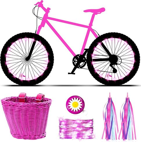 Kid's Bicycle Basket Streamers Set Children's Bike Handlebar Wicker Basket with 2 LED Bike Wheel Lights Colorful Bike Streamers Daisy Bike Bell Bike Decoration Accessories Kit for Kids Bike (Purple) in Saudi Arabia
