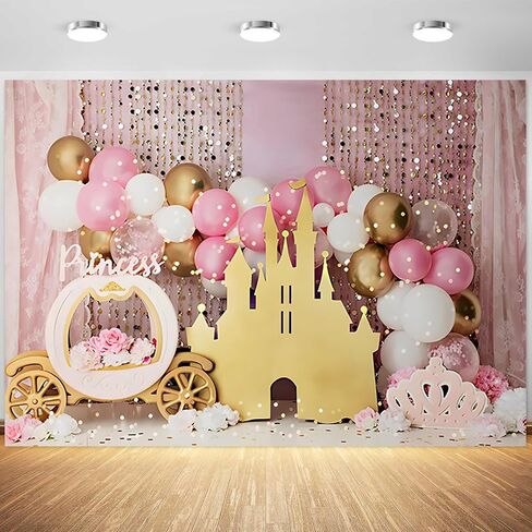 7x5ft Pink Balloons Princess Birthday Backdrop Sweet One Castle Photography Background Girls Happy Birthday Party Cake Table Banner Decorations Supplies Photo Booth Props in Saudi Arabia