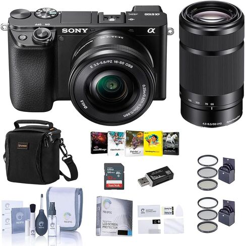 Sony Alpha a6100 Mirrorless Camera with 16-50mm & 55-210mm Lenses - Bundle with Bag, 32GB SD Card, Screen Protector, Care Kit, Corel PC Software Kit, Card Reader, 40.5mm Filter Kit, 49mm Filter Kit in Saudi Arabia