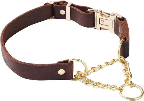 Upgrade Martingale Leather Dog Collar, Limited Cinch Training Collar with Heavy Duty Quick Release Buckle, Adjustable Training No Slip Dog Collar with Rustproof Brass Chain, for Small Dogs in Saudi Arabia