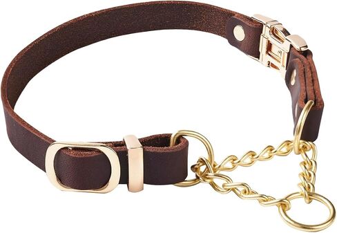 Upgrade Martingale Leather Dog Collar, Limited Cinch Training Collar with Heavy Duty Quick Release Buckle, Adjustable Training No Slip Dog Collar with Rustproof Brass Chain, for Small Dogs in Saudi Arabia