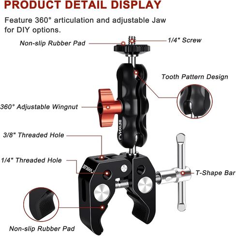 Super Camera Clamp Mount with 1/4" Screw Double Ball Head Magic Arm - Fits for Camera, Monitor, LED Video Light, Flash, Microphone - 1/4" and 3/8" Threaded Holes in Saudi Arabia