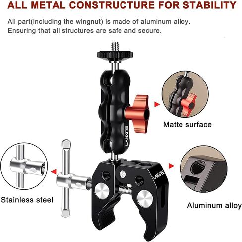 Super Camera Clamp Mount with 1/4" Screw Double Ball Head Magic Arm - Fits for Camera, Monitor, LED Video Light, Flash, Microphone - 1/4" and 3/8" Threaded Holes in Saudi Arabia