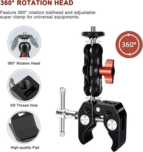 Super Camera Clamp Mount with 1/4" Screw Double Ball Head Magic Arm - Fits for Camera, Monitor, LED Video Light, Flash, Microphone - 1/4" and 3/8" Threaded Holes in Saudi Arabia