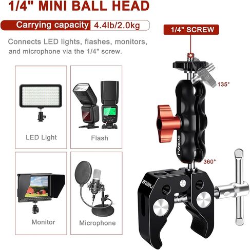 Super Camera Clamp Mount with 1/4" Screw Double Ball Head Magic Arm - Fits for Camera, Monitor, LED Video Light, Flash, Microphone - 1/4" and 3/8" Threaded Holes in Saudi Arabia