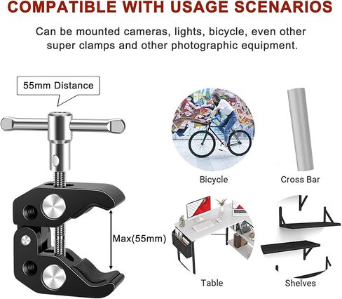 Super Camera Clamp Mount with 1/4" Screw Double Ball Head Magic Arm - Fits for Camera, Monitor, LED Video Light, Flash, Microphone - 1/4" and 3/8" Threaded Holes in Saudi Arabia