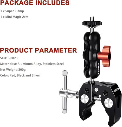 Super Camera Clamp Mount with 1/4" Screw Double Ball Head Magic Arm - Fits for Camera, Monitor, LED Video Light, Flash, Microphone - 1/4" and 3/8" Threaded Holes in Saudi Arabia