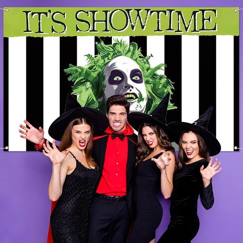 Vohado It's Showtime Beetle Juice Photo Booth خلفية رعب للهالوين ديكور صبي فتاة حفلة عيد ميلاد داخلي خارجي ديكور جدار - 5.9×3.6 قدم in Kuwait