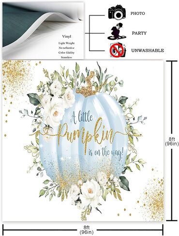 Avezano Blue Pumpkin Baby Shower Backdrop Fall Autumn Greenery Eucalyptus Pumpkin Baby Shower Party Decoration Photoshoot A Little Pumpkin is on The Way Baby Shower Photography Background (7x5ft) in Saudi Arabia