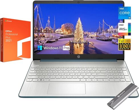 HP 15.6" FHD Screen Laptop with Microsoft Office Lifetime License, 12thIntel Core i5-1235U Processor, 16GB RAM, 1TB SSD，HDMI, Wi-Fi, Bluetooth, HDMI, Type-C, Skyerd Portable SSD, Win11 Pro, Blue in Saudi Arabia