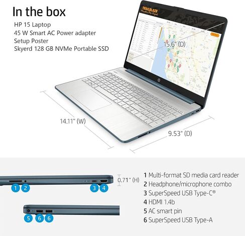 HP 15.6" FHD Screen Laptop with Microsoft Office Lifetime License, 12thIntel Core i5-1235U Processor, 16GB RAM, 1TB SSD，HDMI, Wi-Fi, Bluetooth, HDMI, Type-C, Skyerd Portable SSD, Win11 Pro, Blue in Saudi Arabia