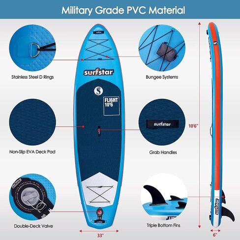 surfstar Inflatable Paddle Board, Stand Up Paddle Boards for Adults, 10’6’’x33’’x6" Paddleboard Lightweight SUP with Premium Ankle Leash, Floating Paddle, Dual Action Pump, Backpack, Waterproof Bag in Saudi Arabia