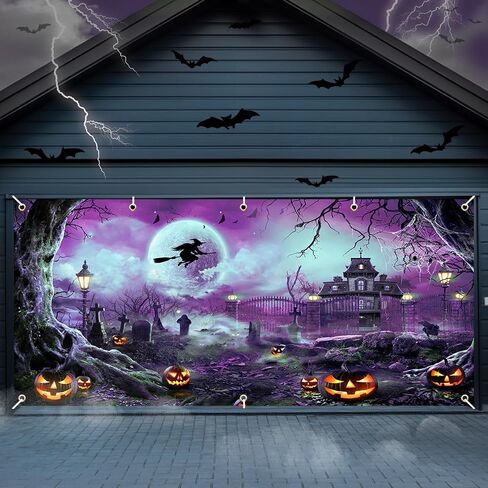 Avezano Halloween باب المرآب راية هالوين البدر ليلة مخيفة القلعة القرع باب المرآب خلفية مخيف الساحرة مقبرة الطفل الاطفال هالوين حزب الزينة 6x13 قدم (الأرجواني) in Saudi Arabia