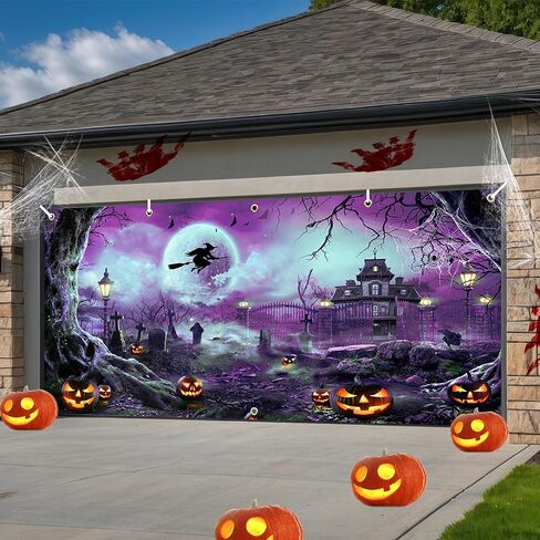 Avezano Halloween باب المرآب راية هالوين البدر ليلة مخيفة القلعة القرع باب المرآب خلفية مخيف الساحرة مقبرة الطفل الاطفال هالوين حزب الزينة 6x13 قدم (الأرجواني) in Saudi Arabia