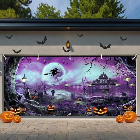 Avezano Halloween باب المرآب راية هالوين البدر ليلة مخيفة القلعة القرع باب المرآب خلفية مخيف الساحرة مقبرة الطفل الاطفال هالوين حزب الزينة 6x13 قدم (الأرجواني) in Saudi Arabia