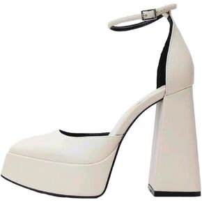 YIYA White Platform Heels for Women Ankle Strap Chunky Block High Heel Pumps Closed Square Toe Heels Comfortable Fashion High Heels
