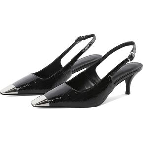 AUMOTED Sling Back Pumps for Women Kitten Heels Elegant Cap Square Toe Shoes Low Heel Sandals 2.4 Inch Evening Party Shoes Crocodile Black US Size 7