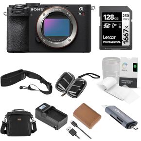 Sony Alpha a7CR Mirrorless Camera Body, Black, Bundle with Shoulder Bag, 128GB SD Card, Card Reader, Extra Battery, Charger, Camera Strap, Tissue Paper