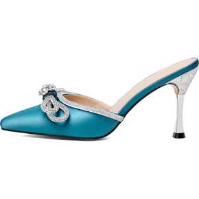 Zamikoo Women's Mule Sandals, Pointed Toe Slip On Stiletto Heel Sandals, High Heel Mules with Bowknot, Sparkly Rhinestone Heels for Summer 3.5 Inches