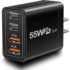 USB C Wall Charger, 55W Dual Port PD+QC Wall Plug Type C Fast Charging Block Multiport USB C Charger Cube Power Adapter for iPhone 15/14/13/12/11/Pro Max/XS/XR/8, Tablet, Galaxy and More