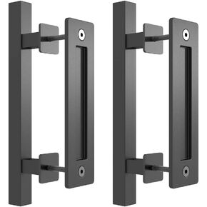 2 Pack 12" Sliding Barn Door Handle Pulls and Flush Two-Sided Hardware Set with Barn Door Latch Lock, Barn Door Handles Black, Rustic, Protective Coating, Easy to Install