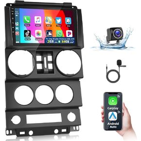 Podofo【8 Core 4+64G】Car Radio for Jeep Wrangler 2007-2010 (4 Door) with Wireless Apple Carplay&Android Auto,9" IPS Touchscreen Car Stereo with Bluetooth/GPS/WiFi/SWC/FM&RDS Radio+AHD Backup Camera+MIC