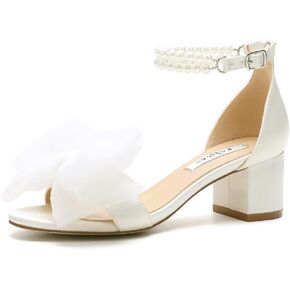 Pearl Heels Wedding Sandals with Bow Block Heel Wedding Shoes for Bride Bridal Heels