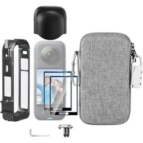 7 in1 Compatible with Insta360 X4 Accessories Kit[Aluminium Protective Frame Cage&Silicone Cap][2Pcs 3D Screen Protector Film][Carrying Case Bag with Auto Locking Carabiner and Anti-Loss Lock]