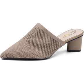 LIURUIJIA Pointed Toe Mules For Women Kitten Heels Mule Low Heeled Sandals Chunky Heel Breathable Mesh Knit Sandals Comfortable Slip On Work Dress Sandals For Women Flat Sandals