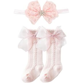 Baby Girls Socks Toddler Big Bow Knee High Long Soft Kids Baby Girl Flower Headbands Lace Hair Band. (WZ7)