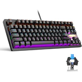 Anivia True Mechanical Gaming Keyboard, Classic Wired USB Keyboard with Blue Switches, 87 Keys Waterproof Keyboard for PC Laptop PS4 PS5 Xbox, RGB Rainbow Red Backlit