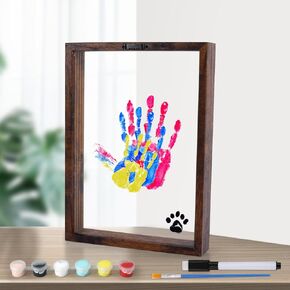 Family Hand and Footprint Kit, Personalized Foot Palm Print DIY Wooden Photo Frame New and Expecting Baby Gifts for Parents Kids Couples Friends Dog Pet Paw 6 Paint Colors Included
