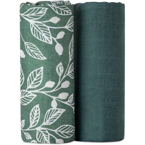 2 Pack Muslin Swaddle Blankets (Green), 100% Organic Cotton, Large 47 x 43, Newborn Recieving Blanket,Gender Nuetral Color Patterns, Burping Cloth, Nursing Cover