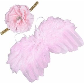 Nishine Pink Newborn Fuzzy Feather Angel Wings + Headband Set for Baby Cosplay Girls Costume Photography